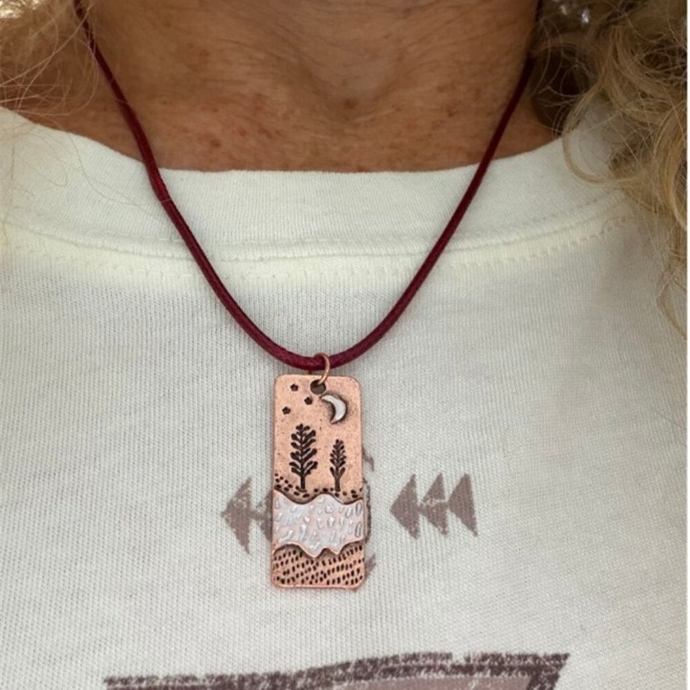 Brown Leather Cord with Copper Starry Night by the River Pendant